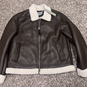 Hudson- Faux Leather Brown Aviator Style Jacket with Sherpa Lining